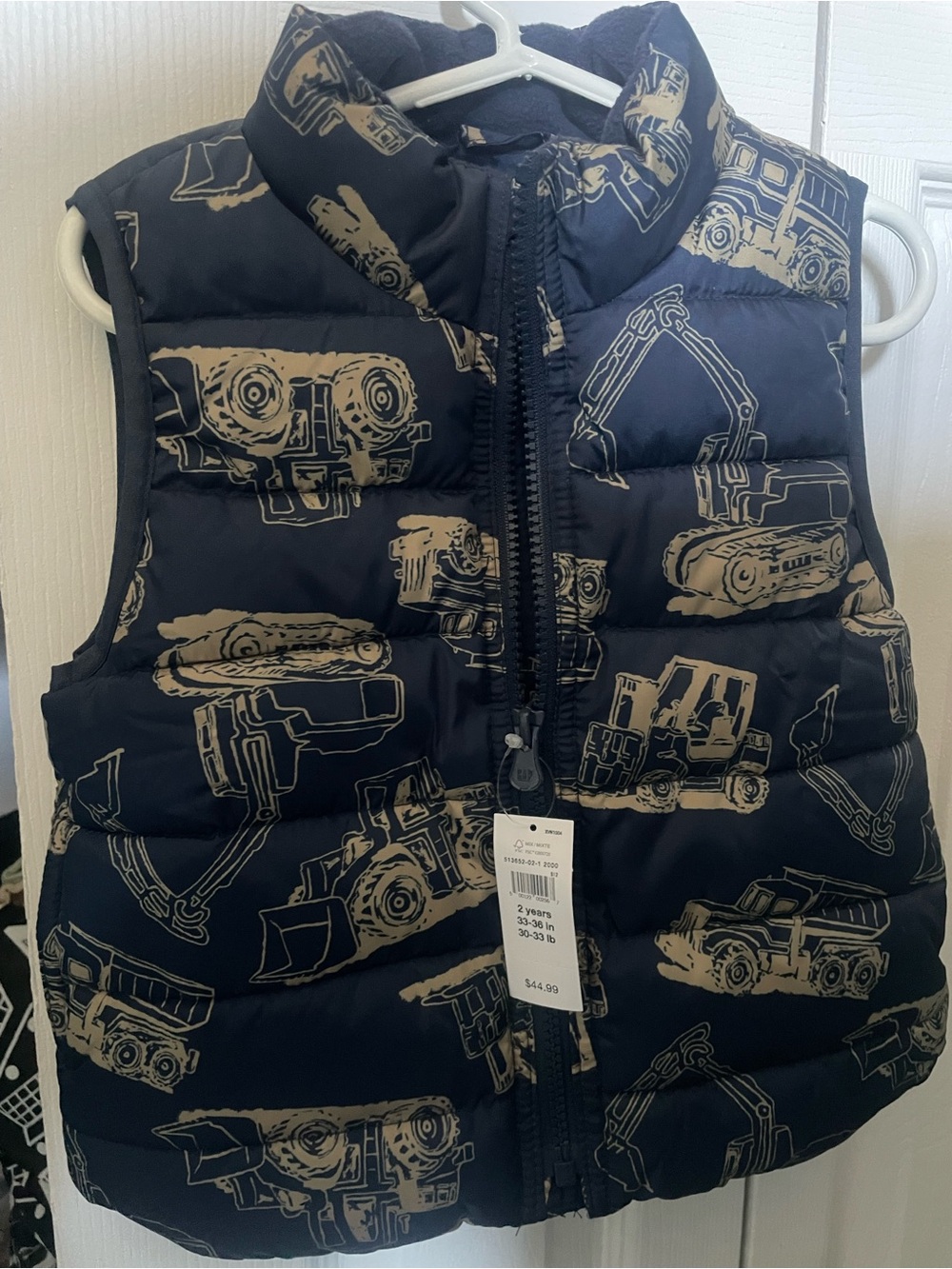 Kids Puffer Vest with Construction Print - Navy/Tan 2T